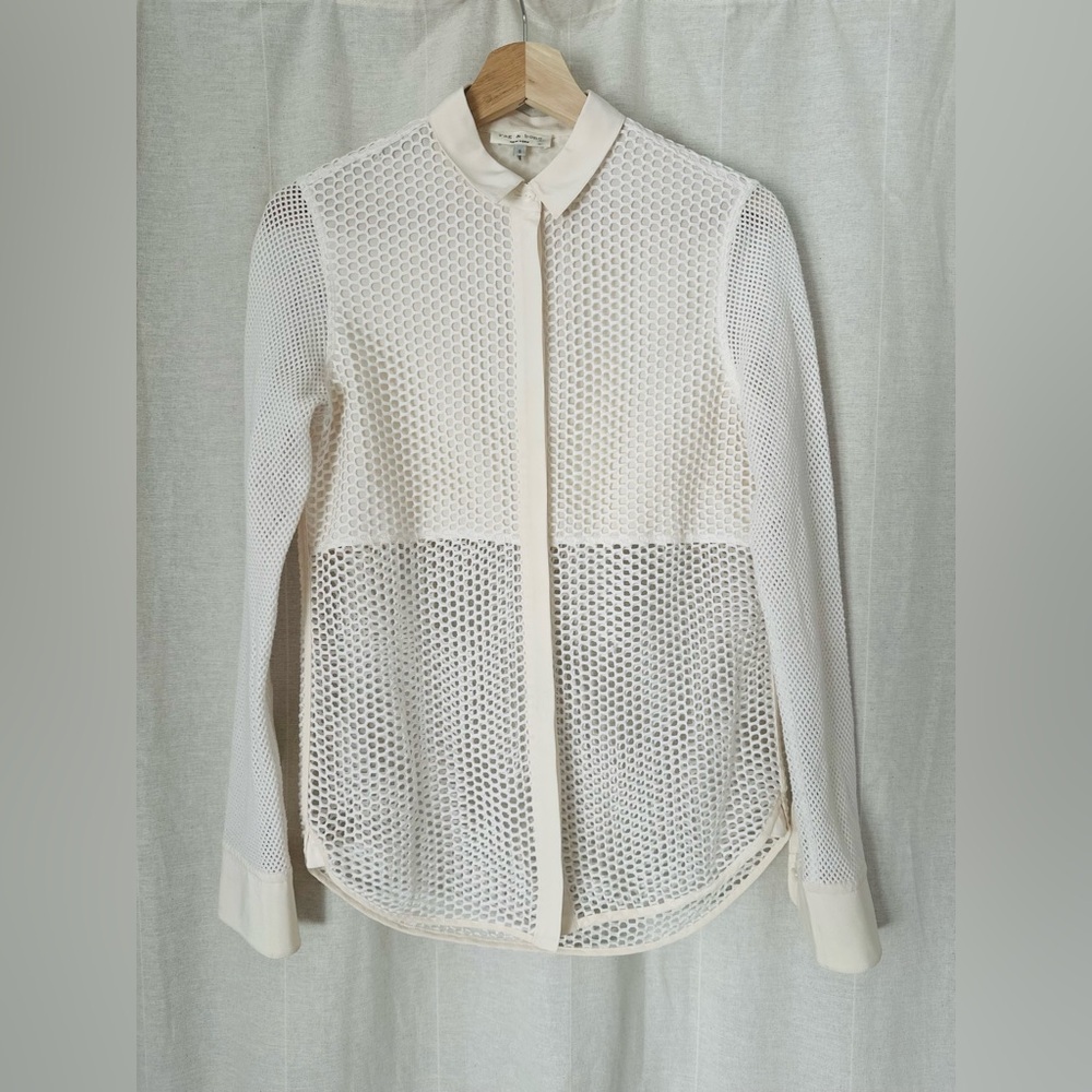 Rag & Bone Silk/Cotton Cream Mesh Button Down Shirt